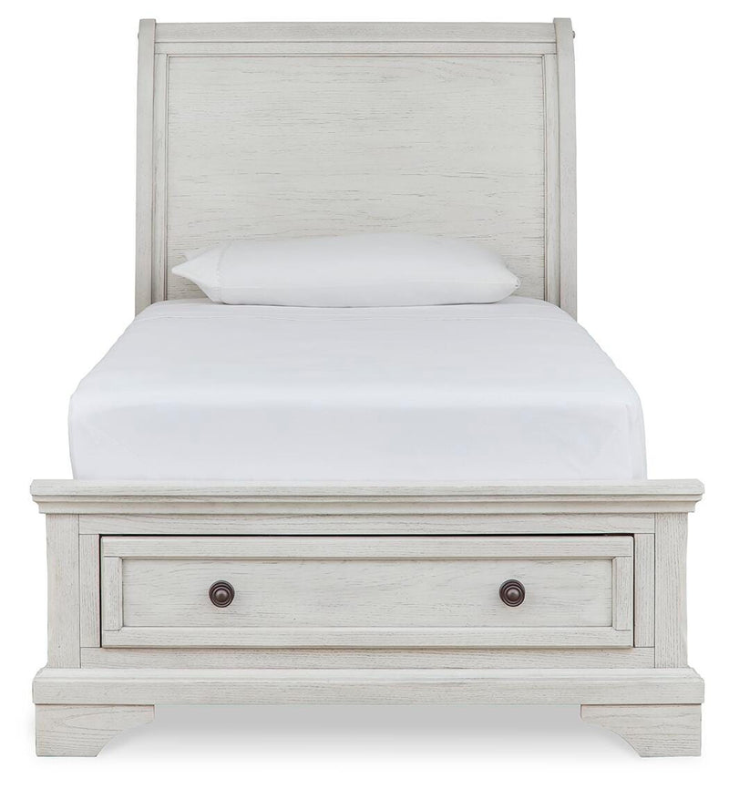 Robbinsdale Antique White Twin Storage Bed, Dresser, Mirror and Nightstand - B742B36