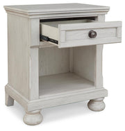 Robbinsdale Antique White Twin Storage Bed, Dresser, Mirror and Nightstand - B742B36