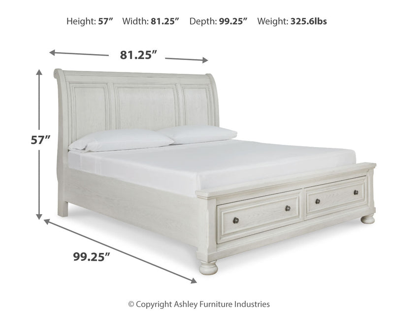 Robbinsdale California King Sleigh Bed with Storage with Mirrored Dresser in Antique White from Ashley - Luna Furniture