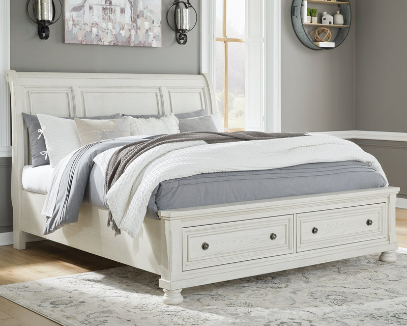 Robbinsdale California King Sleigh Bed with Storage with Mirrored Dresser in Antique White from Ashley - Luna Furniture