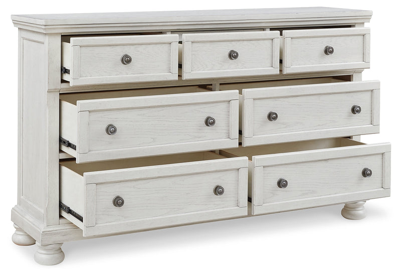 Robbinsdale California King Sleigh Bed with Storage with Mirrored Dresser in Antique White from Ashley - Luna Furniture