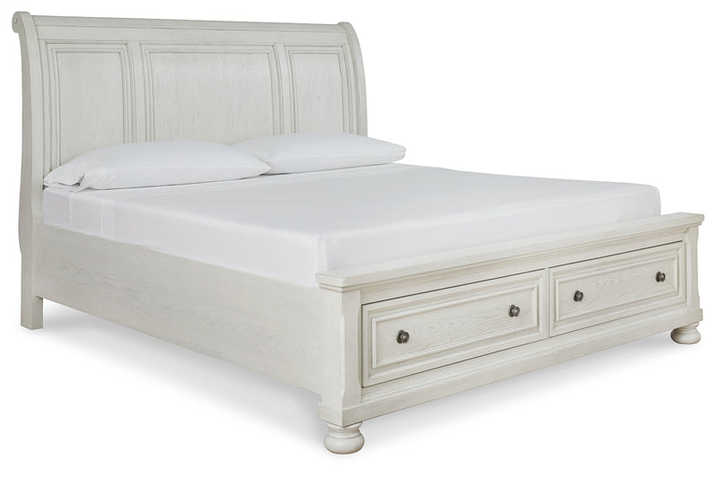 Robbinsdale California King Sleigh Bed with Storage with Mirrored Dresser in Antique White from Ashley - Luna Furniture