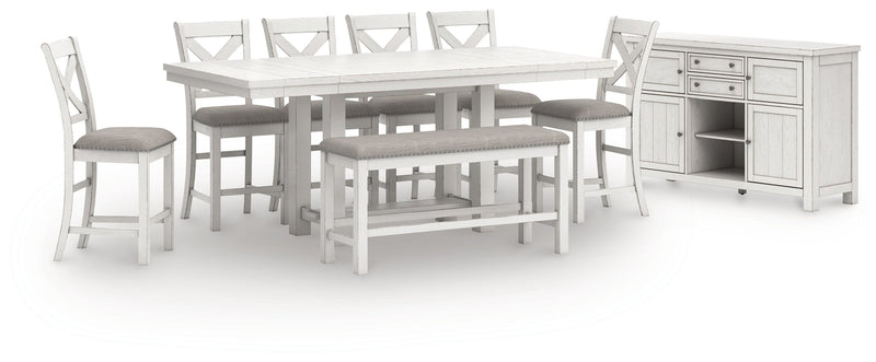 Robbinsdale Antique White Counter Height Dining Table and 6 Barstools and Bench with Storage from Ashley - Luna Furniture