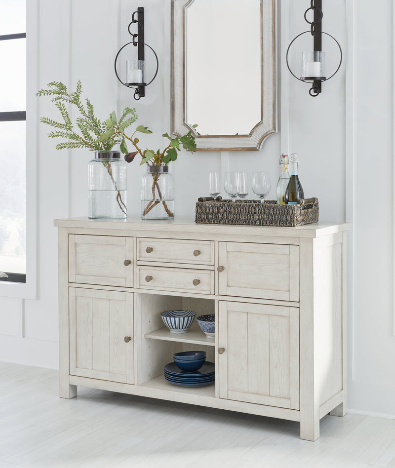 Robbinsdale Antique White Counter Height Dining Table and 6 Barstools and Bench with Storage from Ashley - Luna Furniture