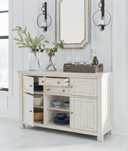 Robbinsdale Antique White Counter Height Dining Table and 6 Barstools and Bench with Storage from Ashley - Luna Furniture