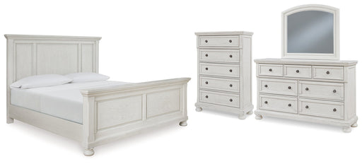 Robbinsdale King Panel Bed with Mirrored Dresser and Chest in Antique White from Ashley - Luna Furniture