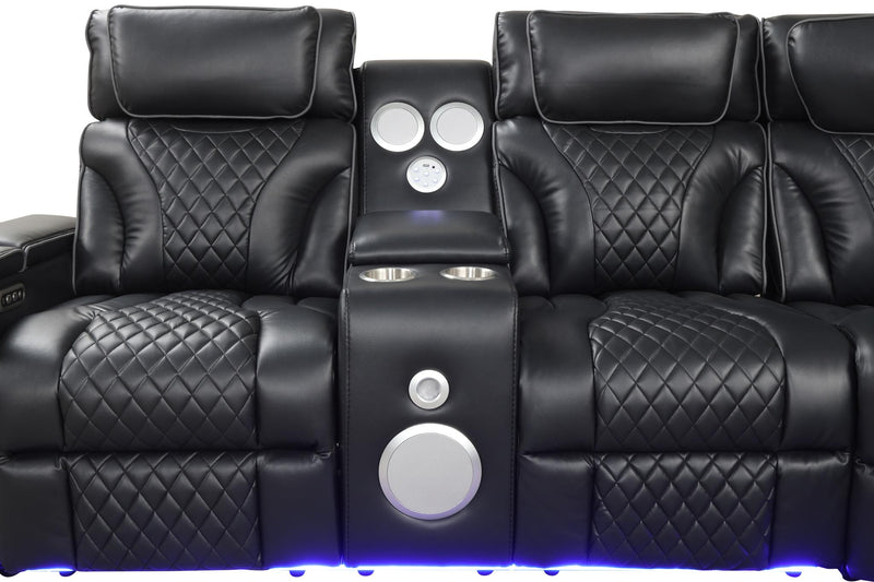 Rock Star - Black Power Recliner Sectional with Power Headrest, Storage Console, Bluetooth Speaker, Subwoofer, Wireless Charger, Pull Out Cup Holder, Storage Armrest, Tube LED Light, Zero Gravity, USB Charger - S395-Sectional