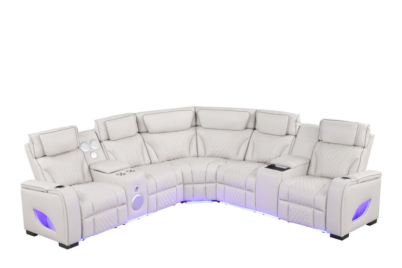 Rock Star - Gray Power Recliner Sectional with Power Headrest, Storage Console, Bluetooth Speaker, Subwoofer, Wireless Charger, Pull Out Cup Holder, Storage Armrest, Tube LED Light, Zero Gravity, USB Charger - S396-Sectional