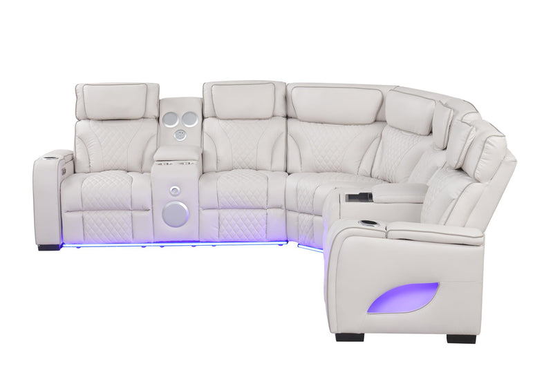 Rock Star - Gray Power Recliner Sectional with Power Headrest, Storage Console, Bluetooth Speaker, Subwoofer, Wireless Charger, Pull Out Cup Holder, Storage Armrest, Tube LED Light, Zero Gravity, USB Charger - S396-Sectional
