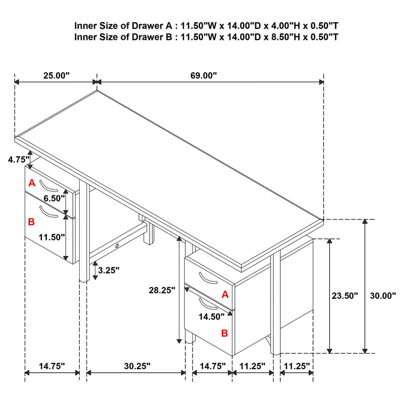 Roldan 69-inch 4-drawer Computer Desk with File Drawer Light Ash - 801115