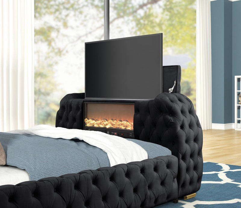 Rose - Black Upholstered Queen Bed with TV Lift, Bluetooth speaker and USB Type C - B140-Q-Bed