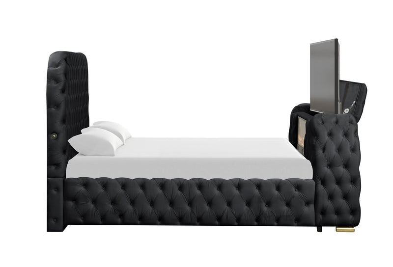 Rose - Black Upholstered Queen Bed with TV Lift, Bluetooth speaker and USB Type C - B140-Q-Bed