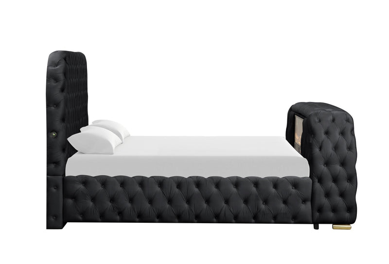 Rose - Black Upholstered Queen Bed with TV Lift, Bluetooth speaker and USB Type C - B140-Q-Bed