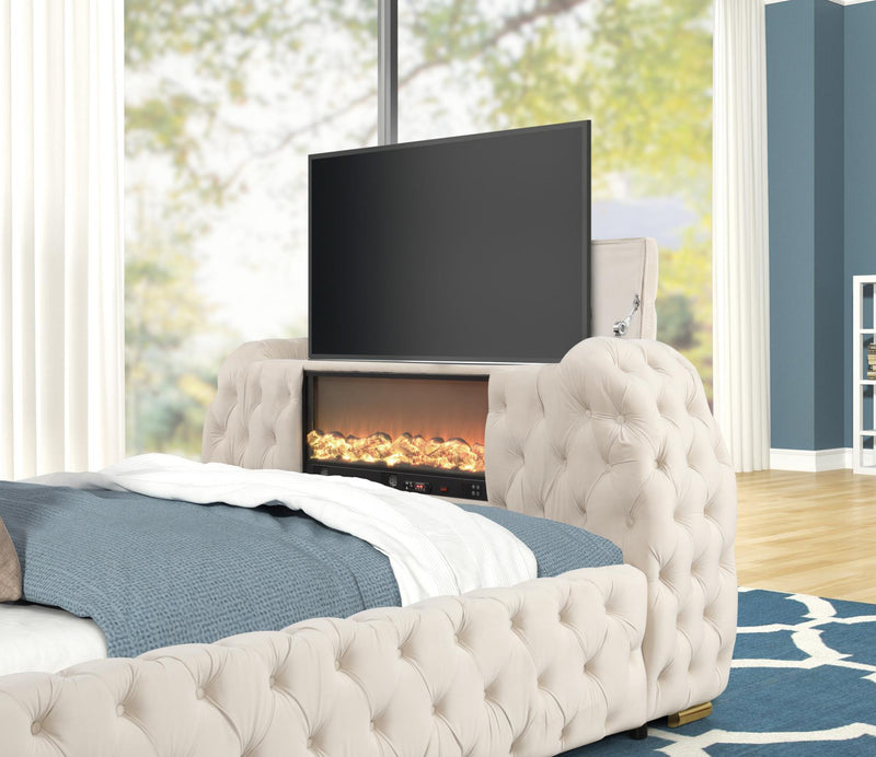 Rose - Cream Upholstered King Bed with TV Lift, Bluetooth speaker and USB Type C - B142-K-Bed