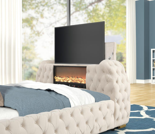 Rose - Cream Upholstered King Bed with TV Lift, Bluetooth speaker and USB Type C - B142-K-Bed
