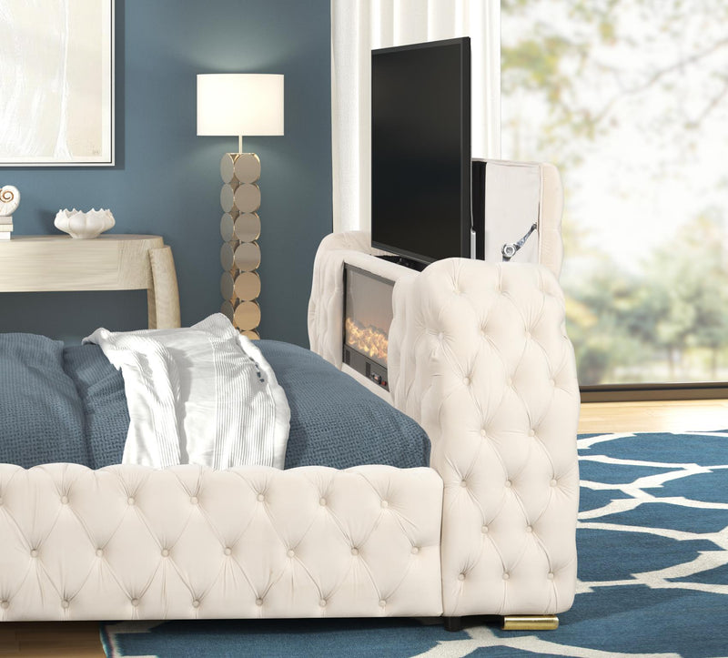 Rose - Cream Upholstered King Bed with TV Lift, Bluetooth speaker and USB Type C - B142-K-Bed