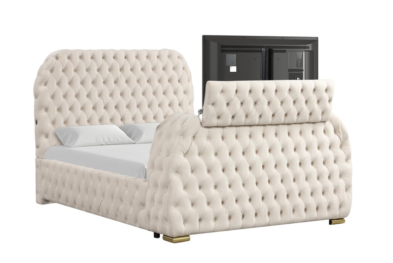 Rose - Cream Upholstered King Bed with TV Lift, Bluetooth speaker and USB Type C - B142-K-Bed