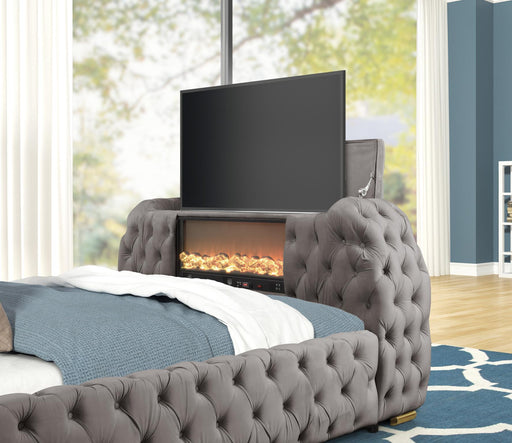 Rose - Gray Upholstered King Bed with TV Lift, Bluetooth speaker and USB Type C - B141-K-Bed