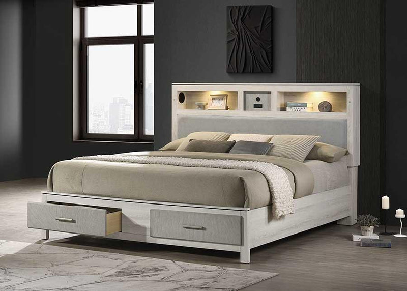 Roswell - Beige Storge Queen Bed with Upholstered Headboard, LED Light, Bluetooth Speaker, USB Charger - B328-Q-Bed