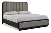 Rowanbeck California King Upholstered Panel Bed with 2 Nightstands in Gray/Black from Ashley - Luna Furniture
