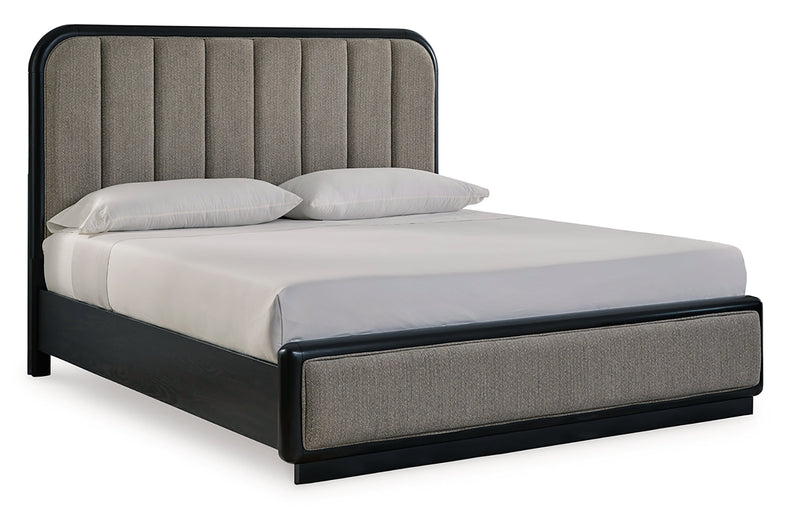Rowanbeck California King Upholstered Panel Bed with 2 Nightstands in Gray/Black from Ashley - Luna Furniture