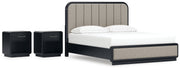 Rowanbeck California King Upholstered Panel Bed with 2 Nightstands in Gray/Black from Ashley - Luna Furniture