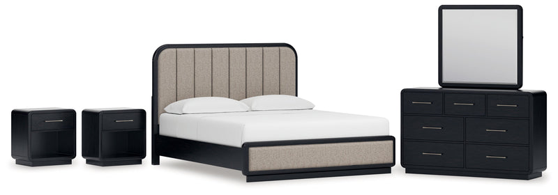 Rowanbeck California King Upholstered Panel Bed with Mirrored Dresser and 2 Nightstands in Gray/Black from Ashley - Luna Furniture