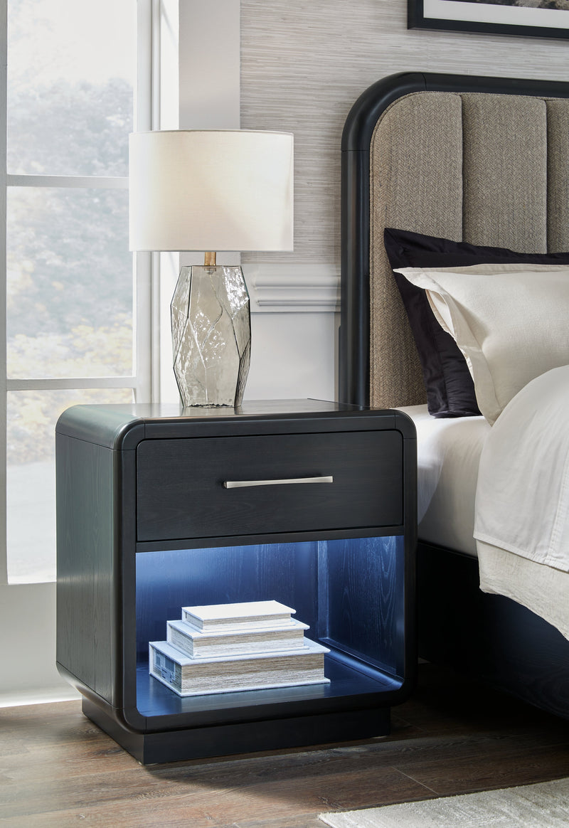 Rowanbeck King Upholstered Panel Bed with 2 Nightstands in Gray/Black from Ashley - Luna Furniture