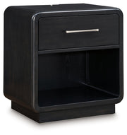 Rowanbeck King Upholstered Panel Bed with 2 Nightstands in Gray/Black from Ashley - Luna Furniture