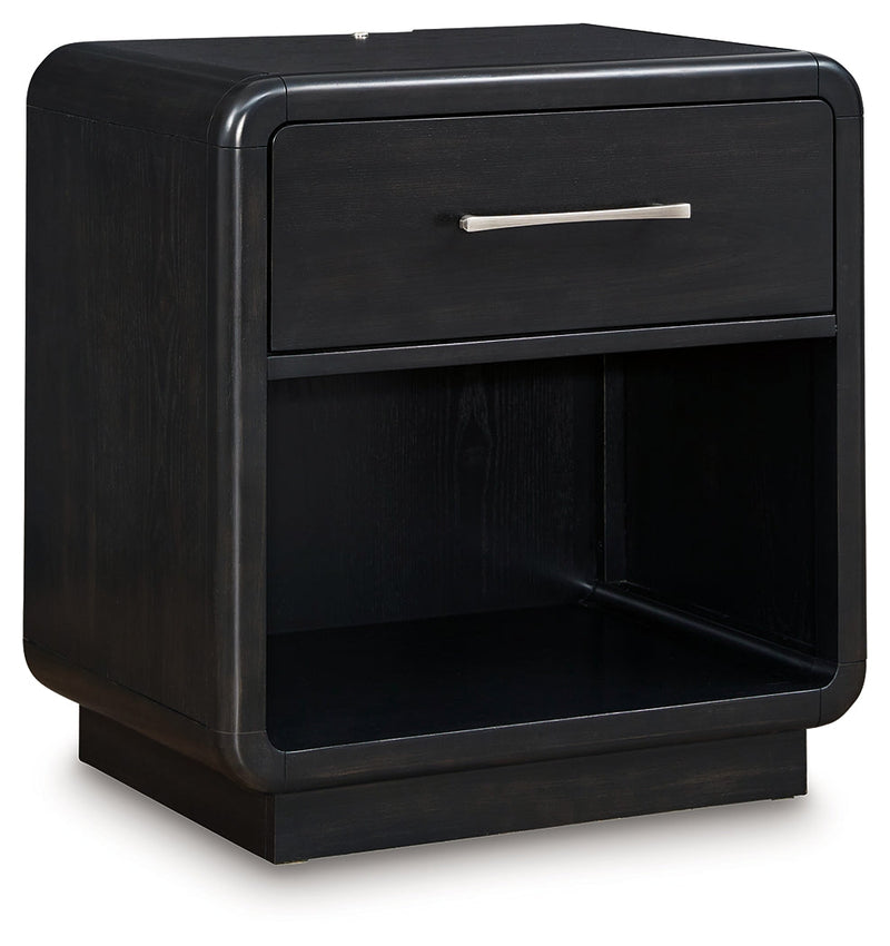 Rowanbeck King Upholstered Panel Bed with 2 Nightstands in Gray/Black from Ashley - Luna Furniture