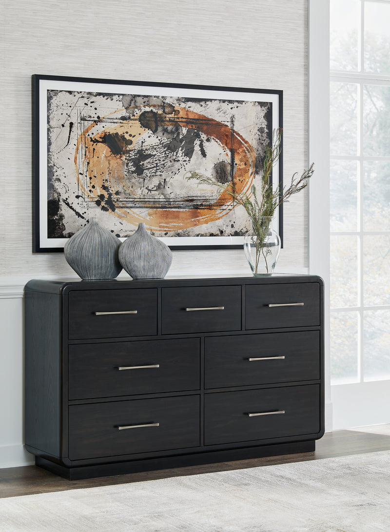 Rowanbeck King Upholstered Panel Bed with Dresser in Gray/Black from Ashley - Luna Furniture
