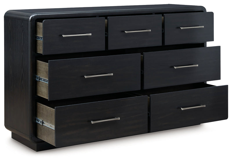 Rowanbeck King Upholstered Panel Bed with Dresser in Gray/Black from Ashley - Luna Furniture