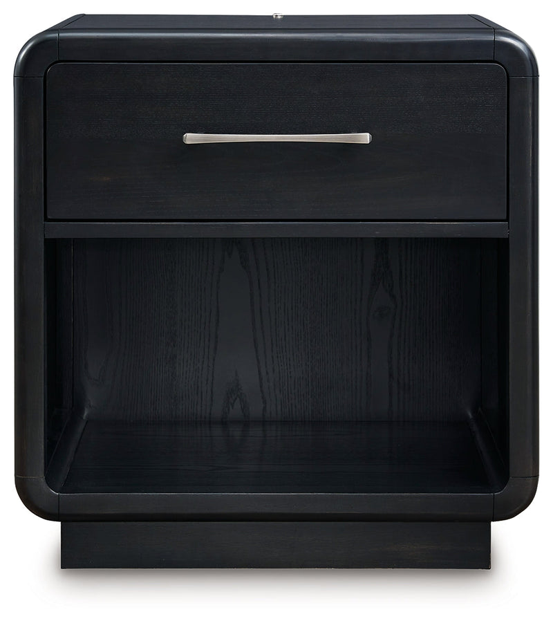 Rowanbeck King Upholstered Panel Bed with Mirrored Dresser and 2 Nightstands in Gray/Black from Ashley - Luna Furniture