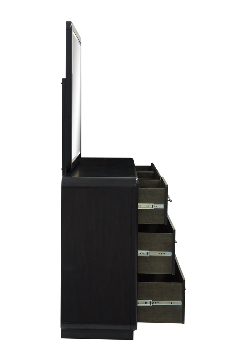 Rowanbeck King Upholstered Panel Bed with Mirrored Dresser and 2 Nightstands in Gray/Black from Ashley - Luna Furniture