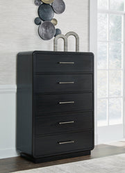 Rowanbeck King Upholstered Panel Bed with Mirrored Dresser and Chest in Gray/Black from Ashley - Luna Furniture