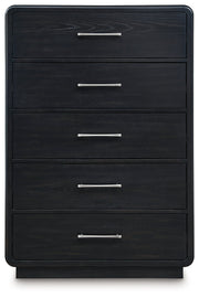 Rowanbeck King Upholstered Panel Bed with Mirrored Dresser and Chest in Gray/Black from Ashley - Luna Furniture