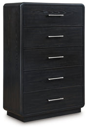 Rowanbeck King Upholstered Panel Bed with Mirrored Dresser and Chest in Gray/Black from Ashley - Luna Furniture