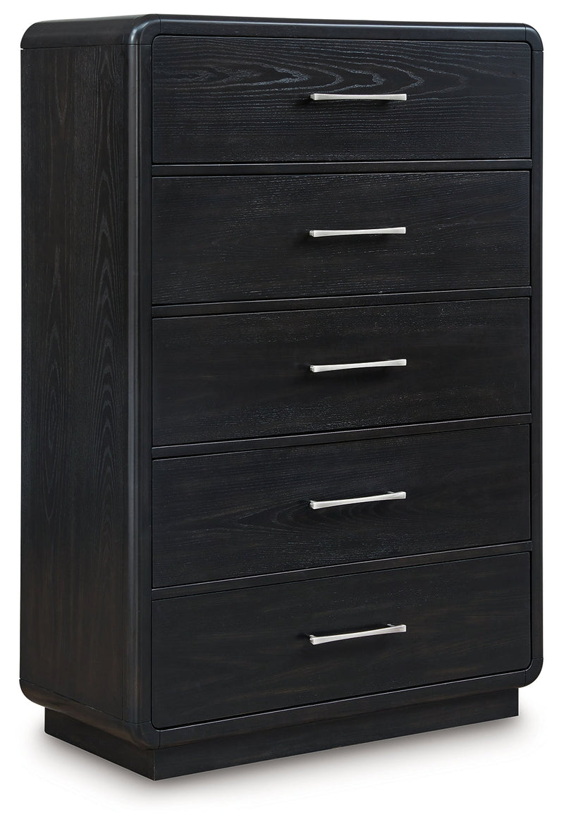 Rowanbeck King Upholstered Panel Bed with Mirrored Dresser and Chest in Gray/Black from Ashley - Luna Furniture