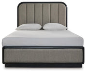 Rowanbeck Queen Upholstered Panel Bed and 2 Nightstands in Gray/Black - PKG019008