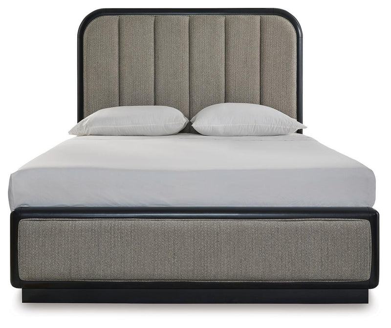Rowanbeck Queen Upholstered Panel Bed and 2 Nightstands in Gray/Black - PKG019008