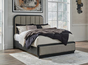 Rowanbeck Queen Upholstered Panel Bed and 2 Nightstands in Gray/Black - PKG019008