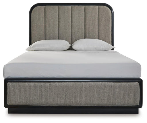 Rowanbeck Queen Upholstered Panel Bed and 2 Nightstands in Gray/Black - PKG019008