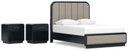 Rowanbeck Queen Upholstered Panel Bed and 2 Nightstands in Gray/Black - PKG019008