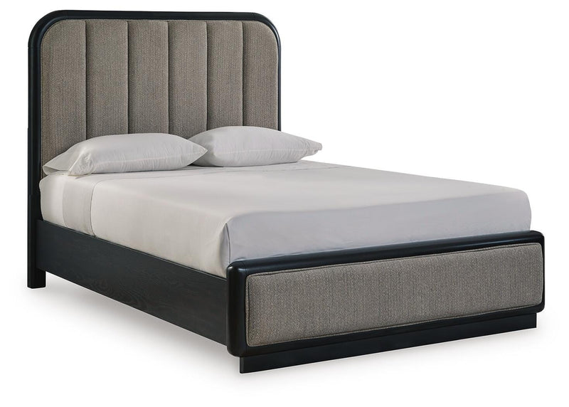 Rowanbeck Queen Upholstered Panel Bed and 2 Nightstands in Gray/Black - PKG019008
