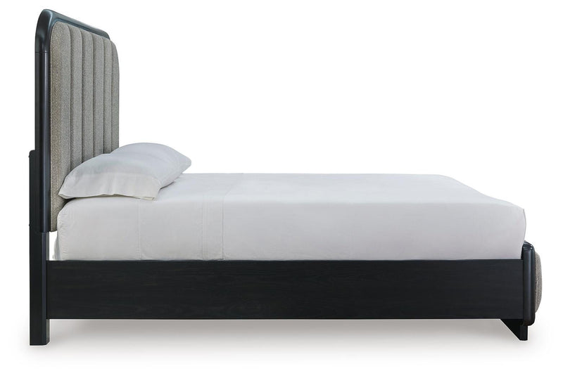 Rowanbeck Queen Upholstered Panel Bed and 2 Nightstands in Gray/Black - PKG019008