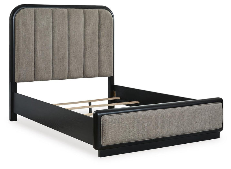 Rowanbeck Queen Upholstered Panel Bed and 2 Nightstands in Gray/Black - PKG019008