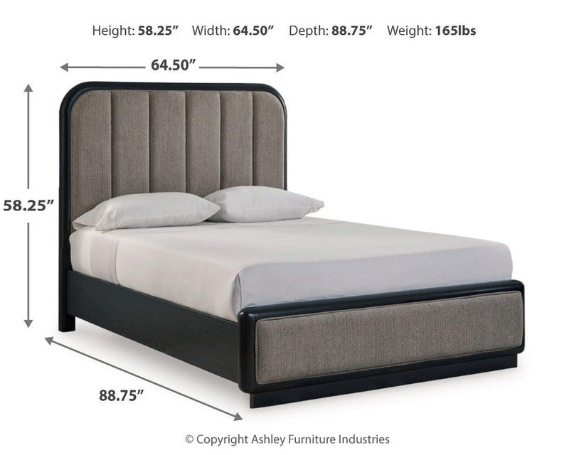 Rowanbeck Queen Upholstered Panel Bed and 2 Nightstands in Gray/Black - PKG019008