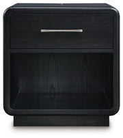 Rowanbeck Queen Upholstered Panel Bed and 2 Nightstands in Gray/Black - PKG019008
