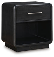 Rowanbeck Queen Upholstered Panel Bed and 2 Nightstands in Gray/Black - PKG019008