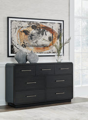 Rowanbeck Queen Upholstered Panel Bed with Dresser and 2 Nightstands in Gray/Black from Ashley - Luna Furniture